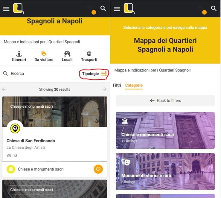 Categorie presenti nella Mappa per esplorare i Quartieri Spagnoli di Napoli